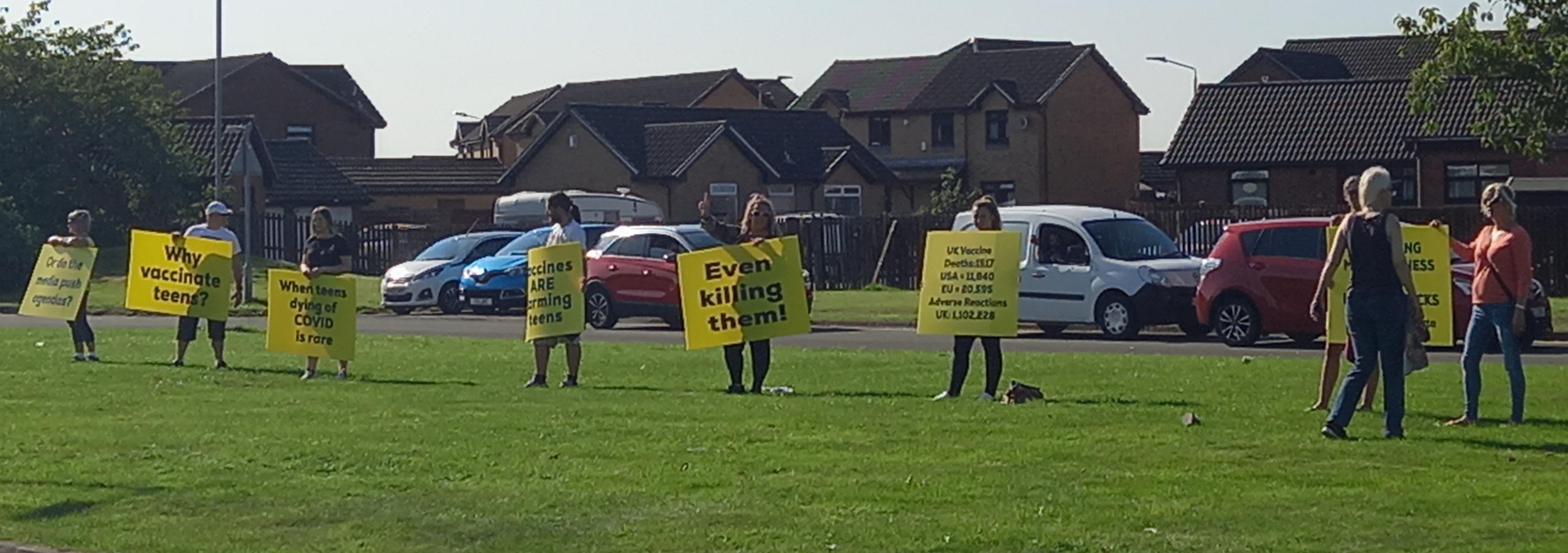 Anti-Vexar protesters gather outside a school in Lancashire, Belchell.